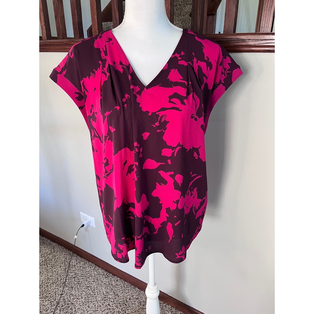 Simply Vera Vera Wang Pink Burgundy Floral V-Neck Blouse Short Sleeve Large